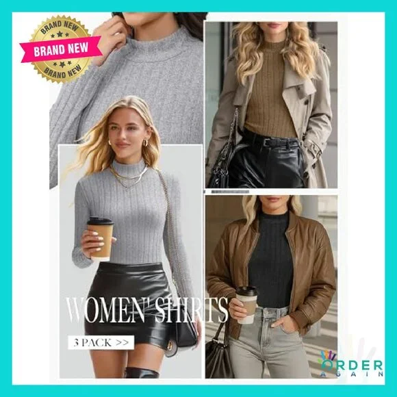 Mock Turtleneck Sweaters Ribbed Knit Slim Fit Thermal Pullover 3 Pack